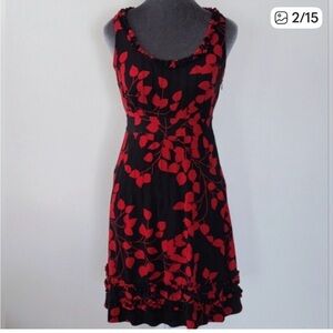 Tory Burch Silk Print Red and Black  Leaf Midi Dress